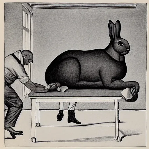 Prompt: A large rabbit performing an autopsy on a man lying on a metal table, mood lighting, ambient lighting painting by Rockwell Kent