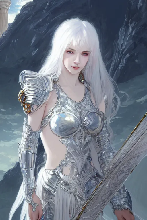 Image similar to portrait white hair knights of zodiac girl, sliver ice color reflected armor, in ruined agora of athens sunrise, ssci - fi and fantasy, intricate and very very beautiful and elegant, highly detailed, digital painting, artstation, concept art, smooth and sharp focus, illustration, art by tian zi and wlop and alphonse mucha