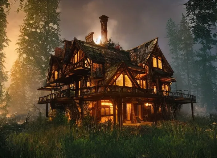 Prompt: house in a clearing in the middle of the forest, beautifully lit, steampunk, witcher cd projekt red
