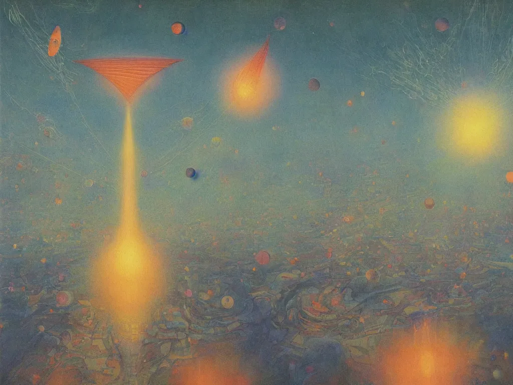 Prompt: study of the psychedelics dream mothership throwing a firefly net over the metropolis of slumber. painting by mikalojus konstantinas ciurlionis, bosch, wayne barlowe, agnes pelton, rene magritte