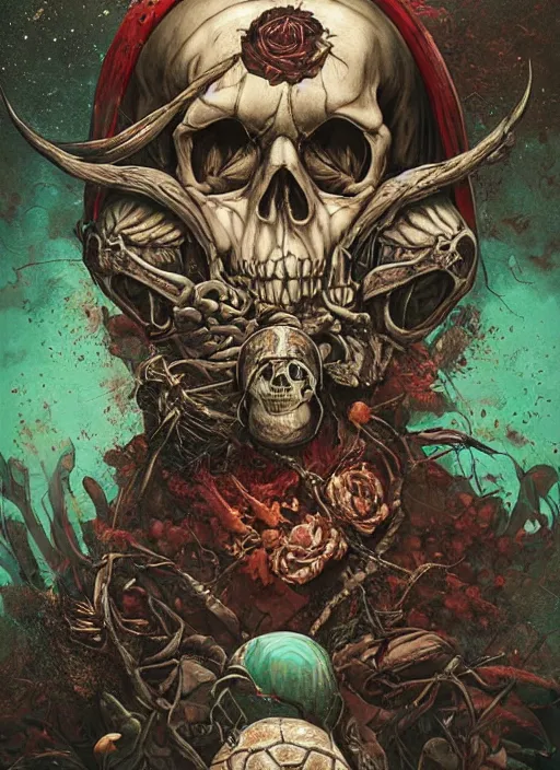 Image similar to the mock turtle, death tarot card, highly detailed, half skull face, cinematic, 8 k, by megan duncanson, benjamin lacombe, adrian borda, stanley artgermm, tom bagshaw, craig mullins, carne griffiths, ayami kojima, beksinski, giger, trending on deviantart, hyper detailed, horror, full of colour