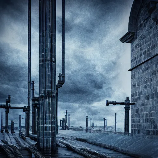 Image similar to Stormy sky with thunders, pipes and vaults system in the background, depth of field, blueshift render, photorealistic