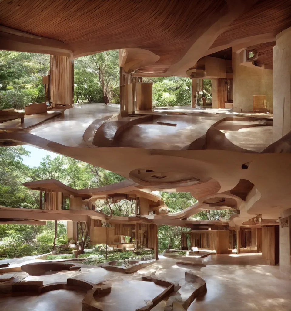 Image similar to a flowing villa with architectural design ， by frank lloyd wright ， trending ，