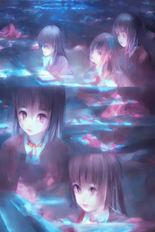 Prompt: 3d infrared octane render concept art by Mo Xiang Tong Xiu, by Igarashi Daisuke, by makoto shinkai, cute beauty cozy portraits anime sad schoolgirls under dark pink and blue tones, mirror room. light rays. deep water bellow. beauty and cutest sad face. dramatic deep light, trending on artstation, oil painting brush
