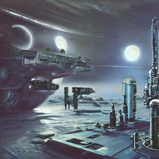 Prompt: a les edwards sci - fi style sci - fi lunar base, oil on canvas, smooth, sharp focus, vibrant volumetric natural light.