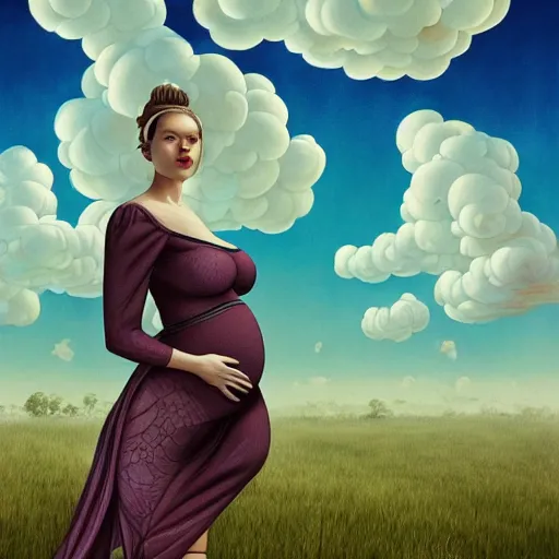 Image similar to pretty pregnant model with clouds : : by martine johanna and simon stalenhag and chie yoshii and casey weldon and wlop : : ornate, dynamic, particulate, rich colors, intricate, elegant, highly detailed, vogue, harper's bazaar art, fashion magazine, smooth, sharp focus, 8 k, octane render