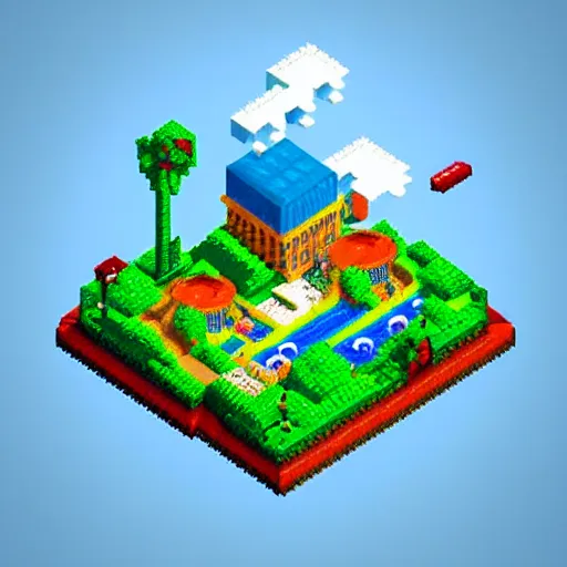 Image similar to Isometric pixel art 3D Fantasy Island, very realistic, no background, very colourful, cinematic lighting, cgi render, trending on Artstation