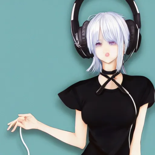 Prompt: realistic detailed semirealism beautiful gorgeous buxom hot girl natural cute excited happy Blackpink Lalisa Manoban white hair white cat ears blue eyes, wearing black camisole outfit, headphones, black leather choker artwork drawn full HD 4K high resolution quality artstyle professional artists WLOP, Aztodio, Taejune Kim, Guweiz, Pixiv, Instagram, Artstation