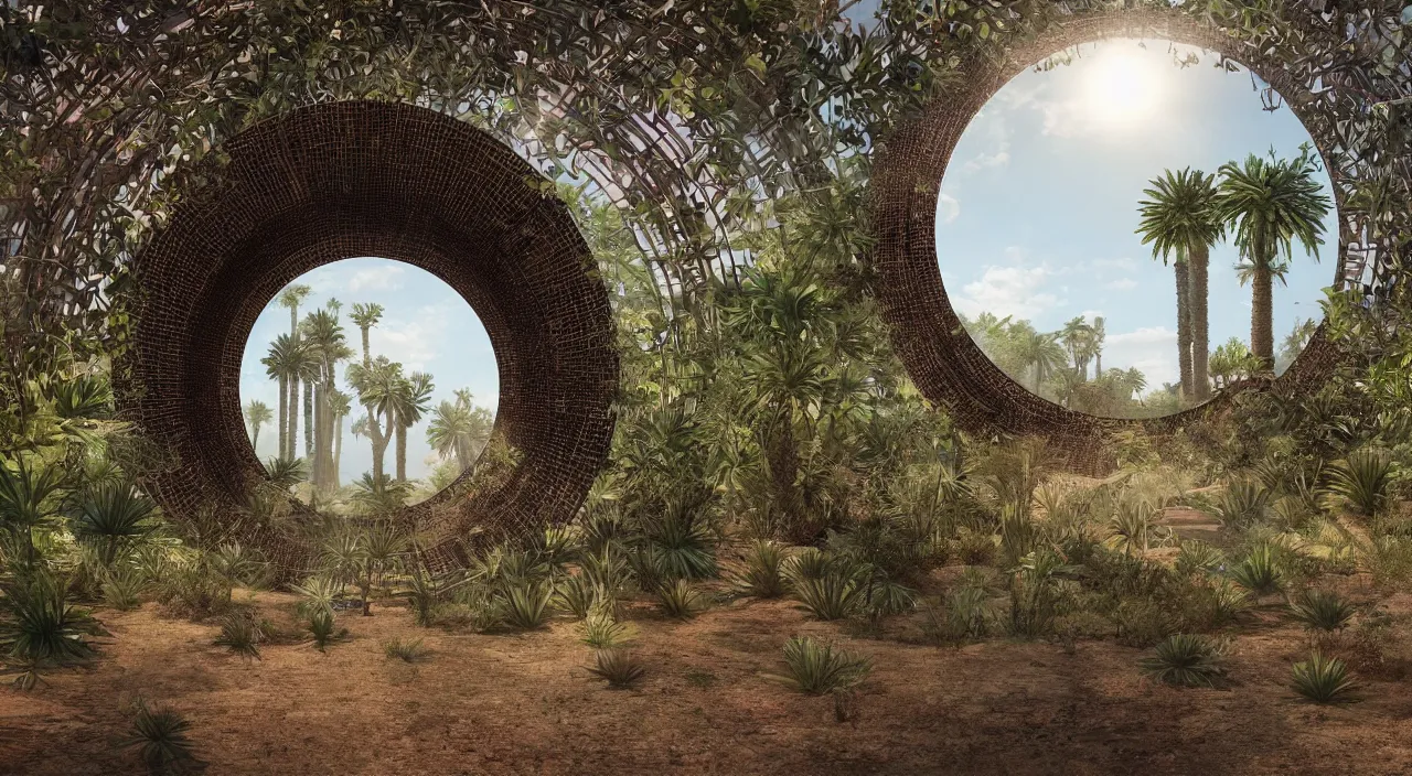 Image similar to a luminous circular stargate in the desert through which an ancient jungle is visible in the style of midjourney