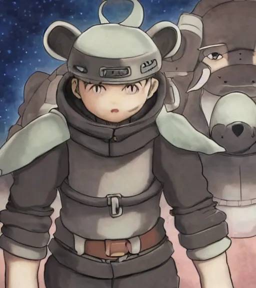 Image similar to attractive little boy wearing an cyborg bear suit, artwork in kentaro miura and made in abyss, inspired in inazuma eleven, smooth, beautiful lightness, anatomically correct, trending on pixiv, moon