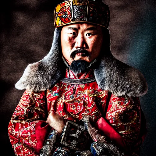 Image similar to Photo of Genghis Khan, close-up, high detail, studio, ominous background, smoke, 85mm Sigma Art Lens