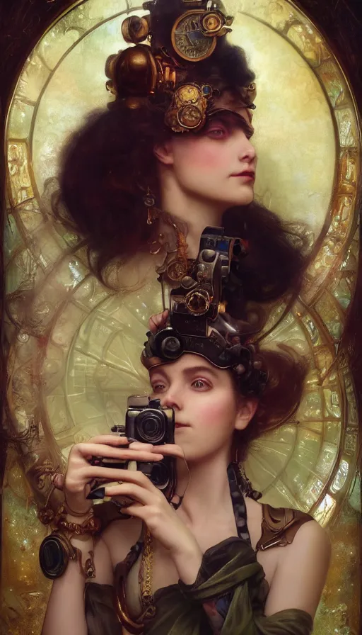 Image similar to hyper realistic photographer taking a picture, magical, gems, jewels, gold, steampunk, cyberpunk, painted by tom bagshaw, mucha, gaston bussiere, craig mullins, j. c. leyendecker 8 k