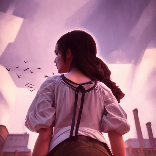 Image similar to a beautiful Cotton Mill Girl, symmetrical, centered, dramatic angle, ornate, details, smooth, sharp focus, illustration, realistic, cinematic, artstation, award winning, rgb , unreal engine, octane render, cinematic light, macro, depth of field, blur, red light and clouds from the back, highly detailed epic cinematic concept art CG render made in Maya, Blender and Photoshop, octane render, excellent composition, dynamic dramatic cinematic lighting, aesthetic, very inspirational, arthouse by Henri Cartier Bresson