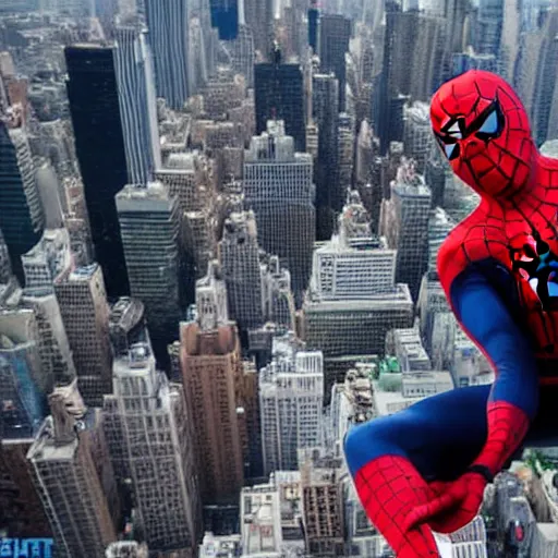 Prompt: Michael Scott as Spider-Man on top of the Empire State Building, stormy, 4K, hyper-realistic, marvel, cinematic