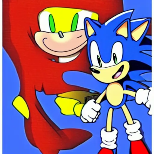 Prompt: sonic the hedgehog standing on eggman's head