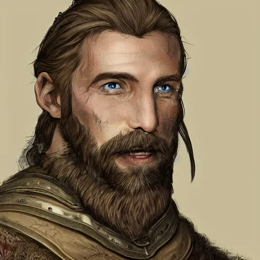 Image similar to 5 0 years old man, stonky : : brown hair, stubble beard : : decorated medieval clothing : : high detail, digital art, rpg, concept art, illustration