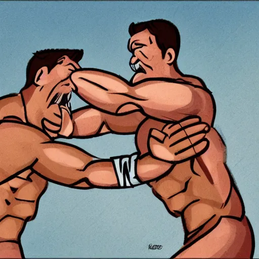 Image similar to two muscular men fighting over the last sandwich on earth, photorealistic