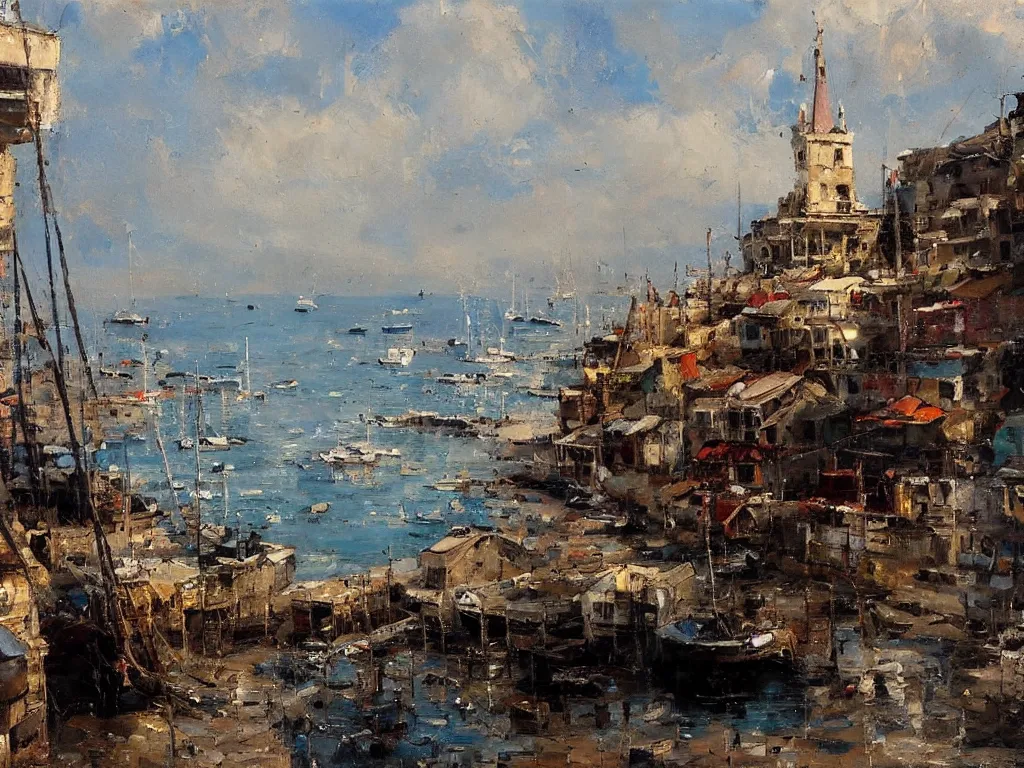 Image similar to a detailed, precise oil painting of a beautiful Mediterranean fishing village by Jeremy Mann,