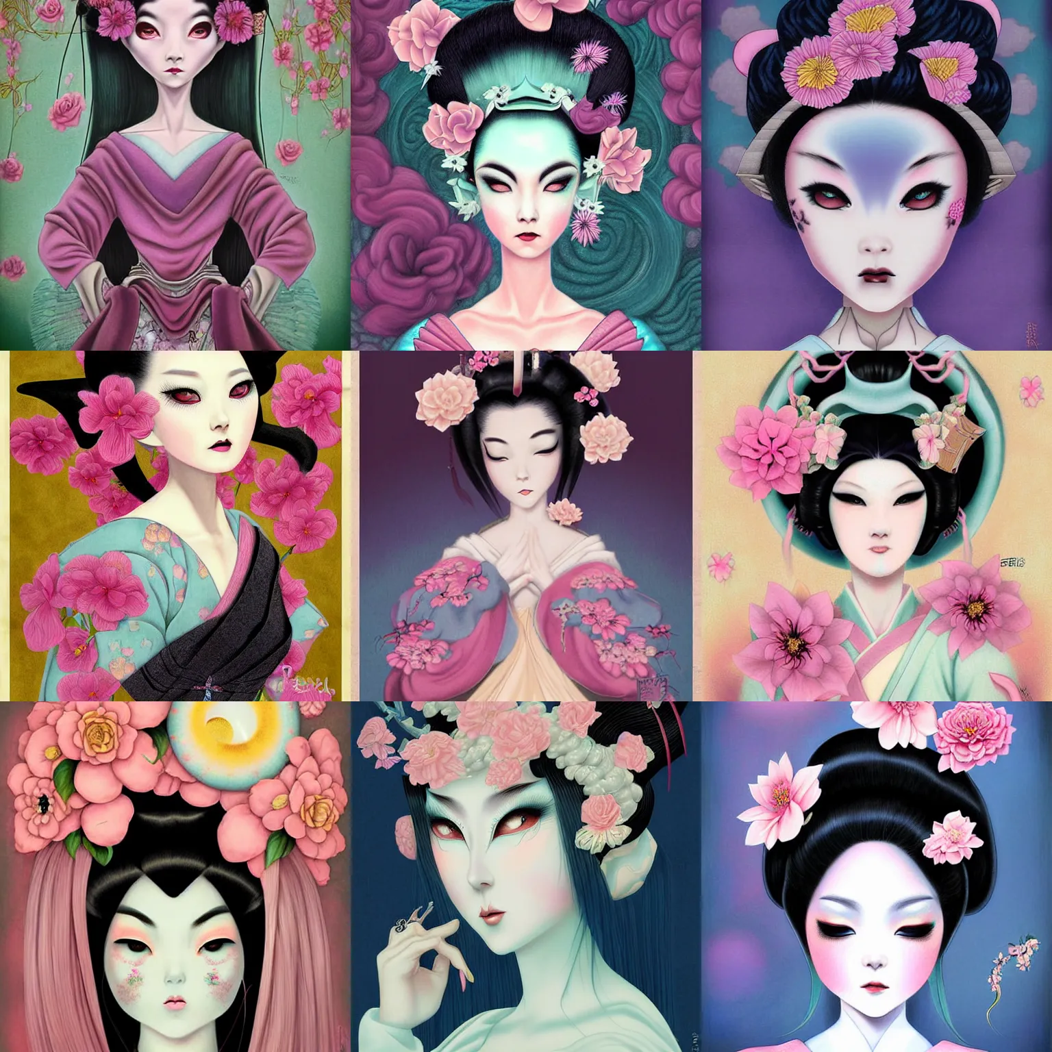 Prompt: digital painting of a pastel goth geisha by terese nielsen, mark ryden, amy sol in the style of, vintage shoujo, fantastic planet, 6 0 s poster art, minimalist poster art, flowers, artgerm
