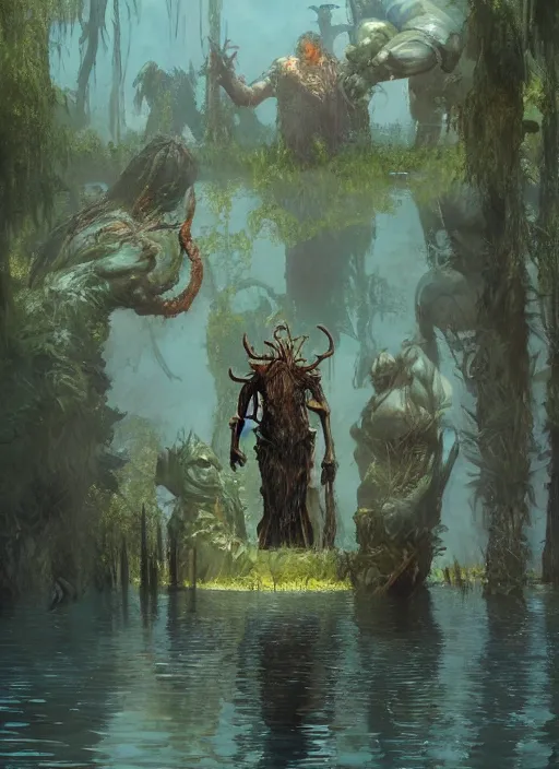 Prompt: huge towering brute swamp demon king emerging from lake on sunny day, splashing, by sergey kolesov and lawrence alma tadema and norman rockwell and greg staples and craig mullins and john berkey and ruan jia, artstation creature art, photoreal