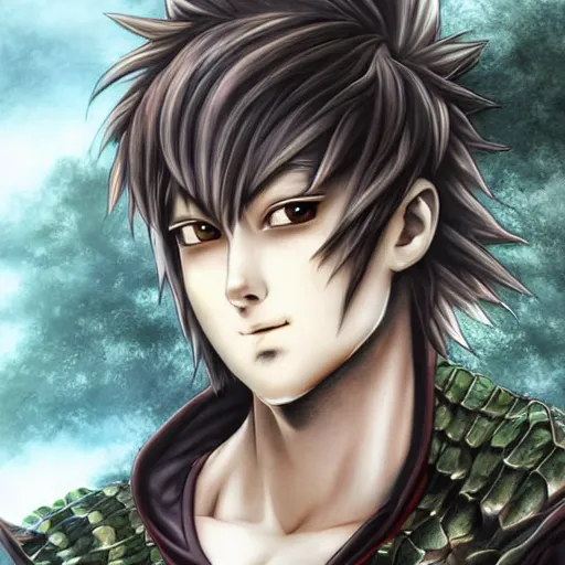 Prompt: anime of young man with facial stubble, brown eyes, full body, reptile armor by akira toriyama, hyper realistic, dark fantasy detailed, high definition insanely detailed, bitter, wide angle lens glow in the dark