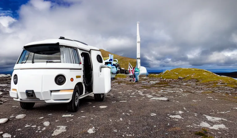 Image similar to tourist astronaut in sci-fi suit, standing in the Isle of Harris, Scotland, a futuristic campervan in the background, wide angle lens, photorealistic