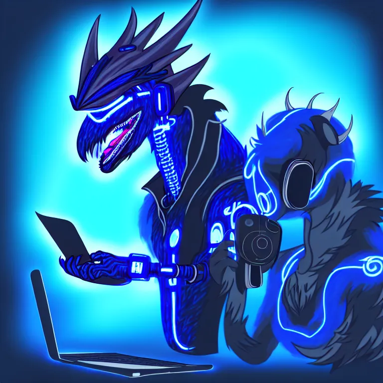 Image similar to an anthropomorphic male blue dragon fursona wearing a cybernetic suit, headphones on his head, laptop, cyberpunk, furry, vivid saturation, digital art, soft lighting