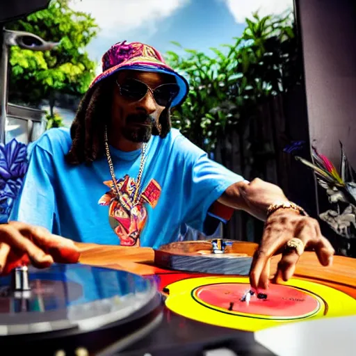 Image similar to Snoop Dogg wearing a bucket hat and a hawaii shirt playing vinyl records on DJ turntables at an outdoor bar, children\'s book drawing