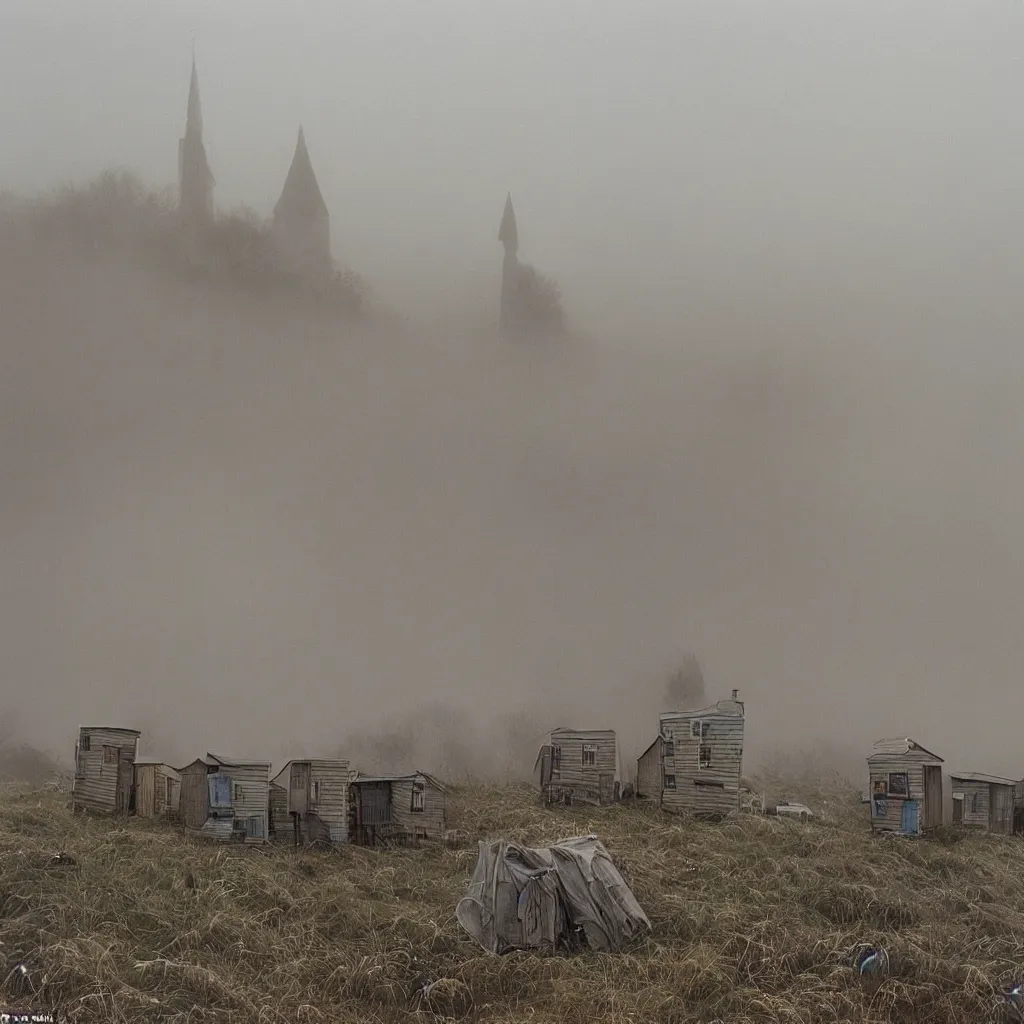 Prompt: two towers, made up of makeshift squatter shacks with pastel colours, uneven dense fog, dystopia, mamiya rb 6 7, fully frontal view, very detailed, photographed by jeanette hagglund