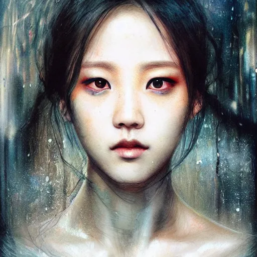 Image similar to jisoo of blackpink, snake, hyperrealistic portrait, bladerunner street, by karol bak and agnes cecile, album cover, fantasy art, photo realistic, dynamic lighting, artstation, poster, volumetric lighting, very detailed face, 8 k, award winning