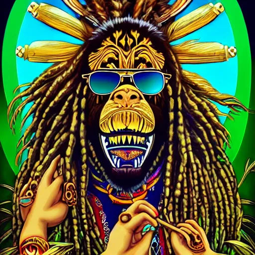 Prompt: barong family member with long rasta hair and golden gradient mirror ray - ban sunglasses and huge expensive watch, wiwek, mara demon, one single tribe member, jungle, one single mask, dark, ancient warrior, gorilla, lizard, tribal, inner glow, art by dan mumford and justin gerard