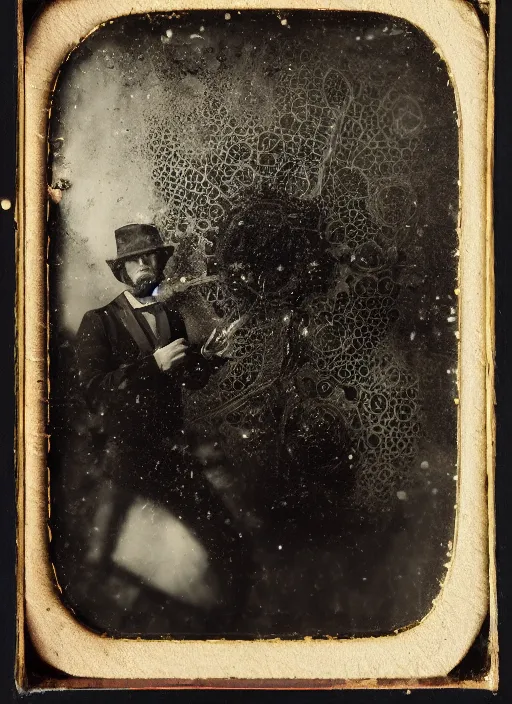 Prompt: old wetplate daguerreotype archetype portrait of a architect, explosion of data fragments, fractal, intricate, elegant, highly detailed, parallax, leica, medium format, subsurface scattering, by jheronimus bosch and greg rutkowski and louis jacques mande daguerre