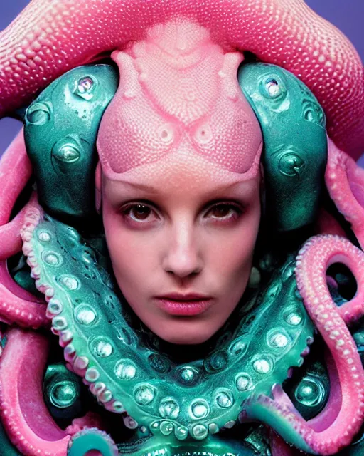 Prompt: natural light, soft focus portrait of a cyberpunk anthropomorphic octopus with soft synthetic pink skin, blue bioluminescent plastics, smooth shiny metal, elaborate ornate head piece, piercings, skin textures, by annie leibovitz, paul lehr