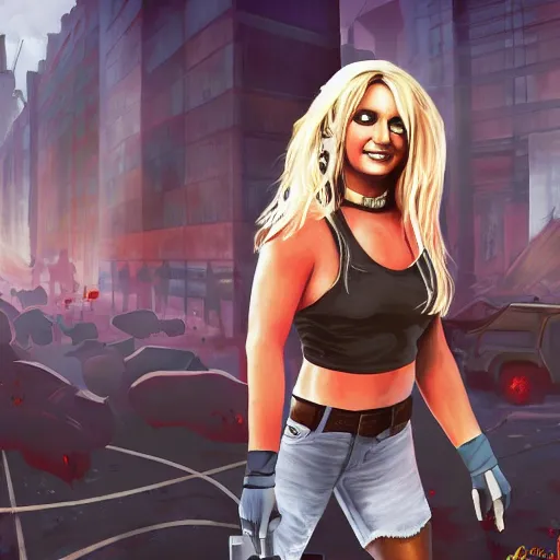 Image similar to painting of britney spears in racoon city full of zombies, hd, 4 k, 8 k artstation,