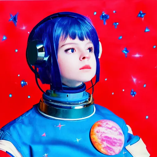 Prompt: analog portrait of a beautiful femboy in a space suit, stars and planets visible, warm azure tones, red color bleed, film grain