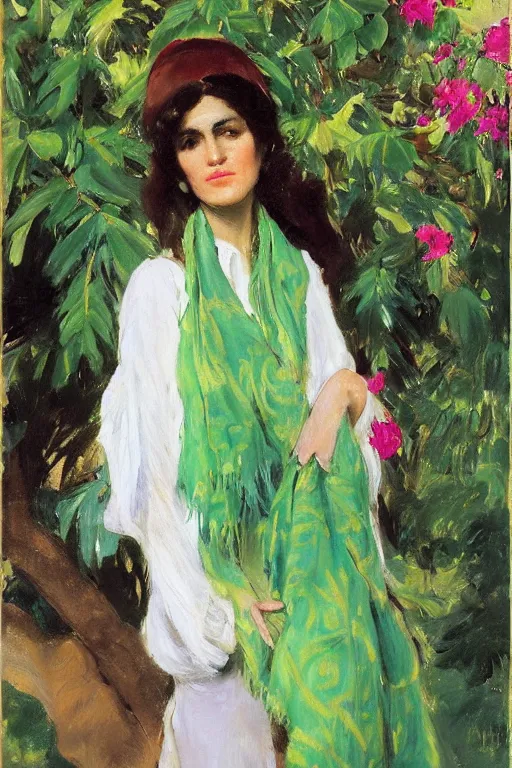 Image similar to portrait of persian girl with arabesque green scarf near bougainvillea and mexican fan palms, painting by john singer sargent