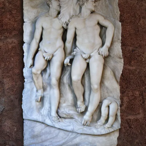 Prompt: Romulus and Remus, marble relief