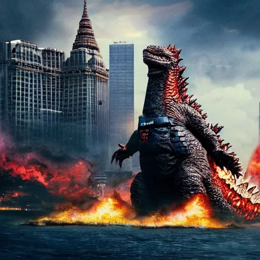 Prompt: Godzilla breaking the Royal Palace in Bangkok, colourized, photo, high quality
