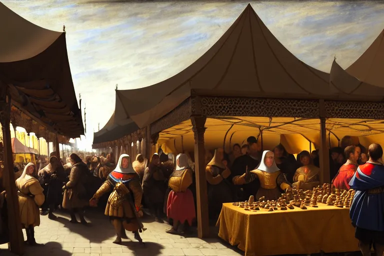 Image similar to The detailed tent of a medieval market, between the products being sold are mobile phones, ear phones, laptops, and other devices!! Some people walking around, close-up, big depth of field, matte painting, trending on artstation, hyper detailed, sharp, baroque painting, painted by Velazquez