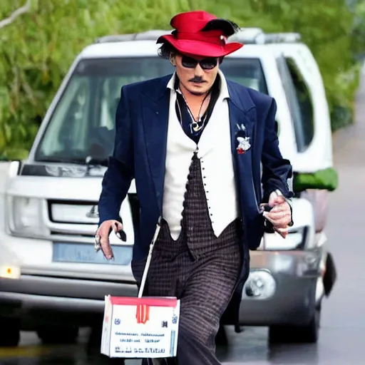 Image similar to johnny depp his as a mailman delivering the mail