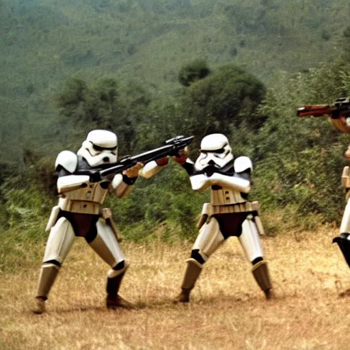 Image similar to star wars clone troopers combat soldiers in vietnam, photo, old picture, lush landscape, jungle, firearms, explosions, helicopters, aerial combat, active battle zone, flamethrower, air support, jedi, land mines, gunfire, violent, star destroyers, star wars lasers, sci - fi, jetpacks, agent orange, bomber planes, smoke, trench warfare