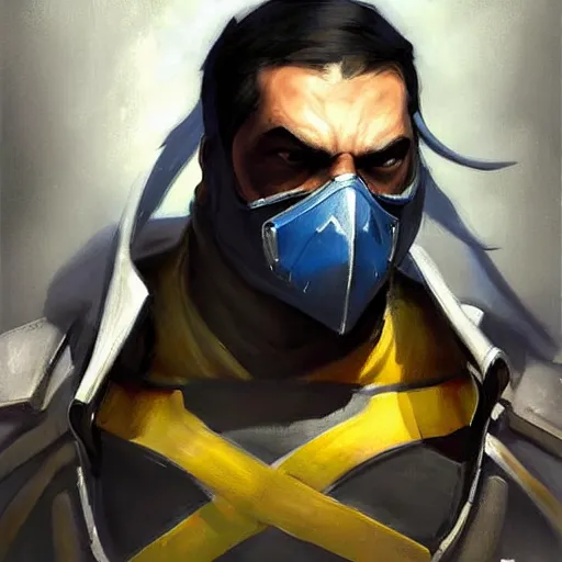 Image similar to greg manchess portrait painting of smoke from mortal kombat as overwatch character, medium shot, asymmetrical, profile picture, organic painting, sunny day, matte painting, bold shapes, hard edges, street art, trending on artstation, by huang guangjian and gil elvgren and sachin teng