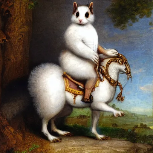 Prompt: a giant fluffy squirrel carrying napoleon bonaparte on its back, by sophie anderson