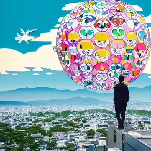 Image similar to a man walking on clouds away from the camera above kyoto by takashi murakami, beeple and james jean, aya takano color style, 4 k, super detailed, modern, 4 k, symmetrical