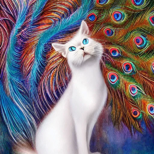 Prompt: beautiful white cat with long flowing fur and mane and tail made of peacock feathers detailed painting in the style of josephine wall 4 k