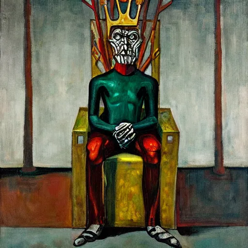 Prompt: weary cyborg king on a throne, dystopian, pj crook, edward hopper, oil on canvas