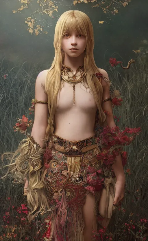 Image similar to full body shot of a young girl with blond twin tail hair and red eyes standing in front of a tapestry, ultra realistic, concept art, intricate details, eerie, highly detailed, photorealistic, octane render, 8 k, unreal engine, art by artgerm and greg rutkowski and alphonse mucha
