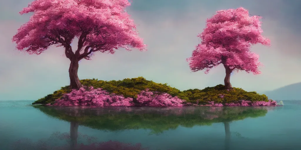 Image similar to a single sakura tree growing upon an island in a lake, illustration, light beams, digital art, oil painting, fantasy, 8 k, trending on artstation, detailed