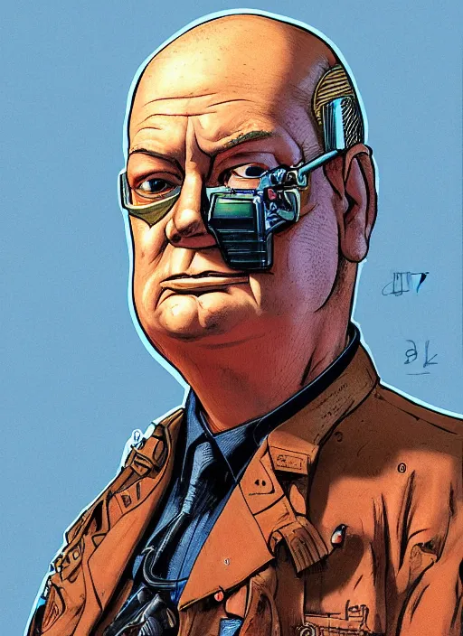 Image similar to winston churchill. cyberpunk mercenary in tactical harness and jumpsuit. portrait by stonehouse and mœbius and will eisner and gil elvgren and pixar. realistic proportions. dystopian. cyberpunk 2 0 7 7, apex, blade runner 2 0 4 9 concept art. cel shading. attractive face. thick lines.