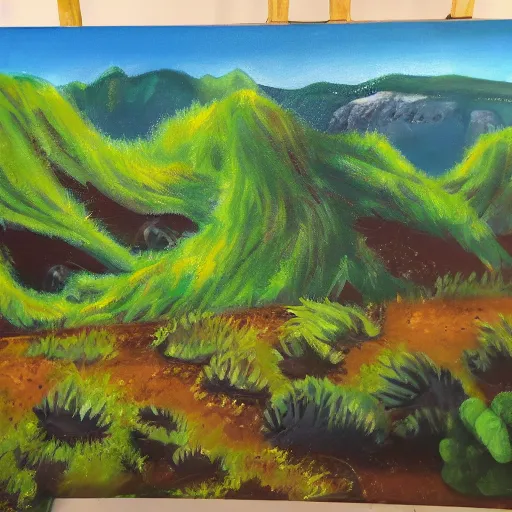 Prompt: rough acrylic painting of a lush natural scene on an alien planet by darien bogart. beautiful landscape. weird vegetation. cliffs and water.